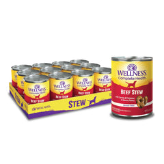 Wellness completo sin cereal para perros, guiso de res en lata, ideal como comida diaria