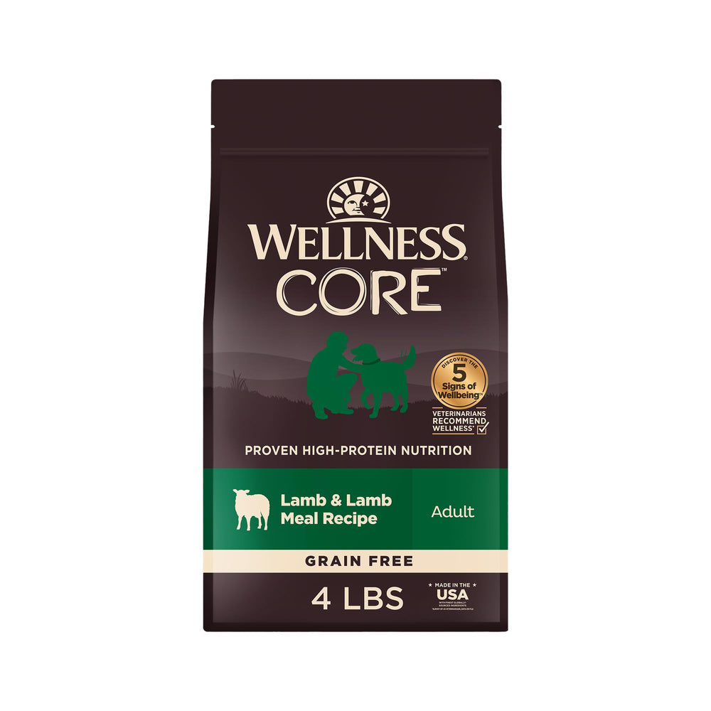 Wellness CORE alimento seco para perro sin granos, cordero adulto, apoyo nutricional completo.