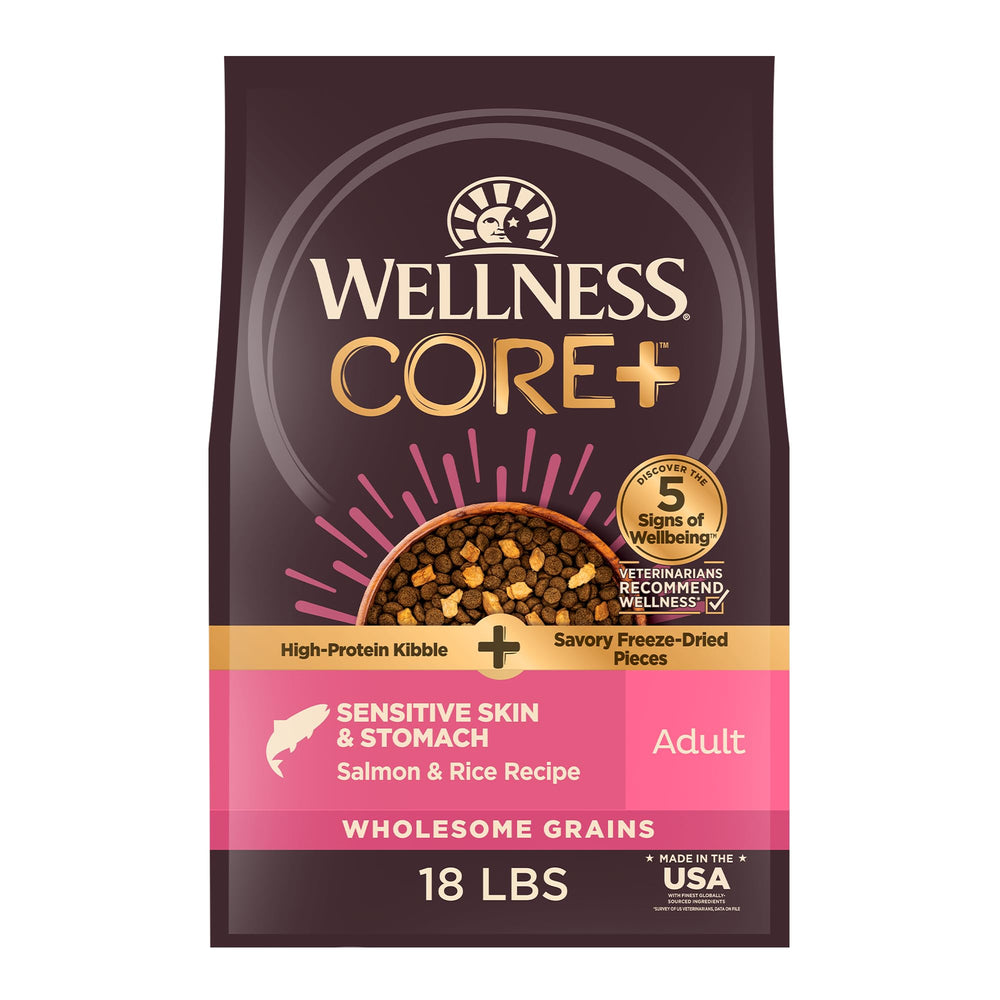 Wellness CORE+ croquetas secas con salmón y arroz para nutrición equilibrada.