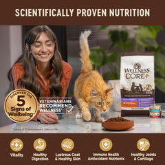 Wellness CORE+ gato interior comiendo croquetas equilibradas para energía diaria.
