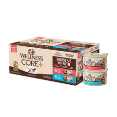 Wellness CORE+ Pate Digestiva con salmón y pescado blanco, vista frontal de lata para digestión suave