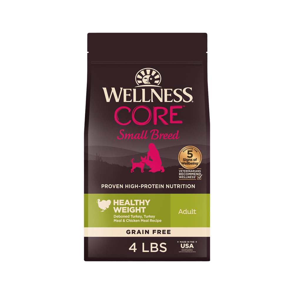 Wellness CORE seco para razas pequeñas, primer plano de croquetas, alta proteína para dieta equilibrada.