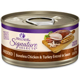 Wellness CORE Signature Selects desmenuzado pollo-pavo en lata, alto en proteína para gatos activos.