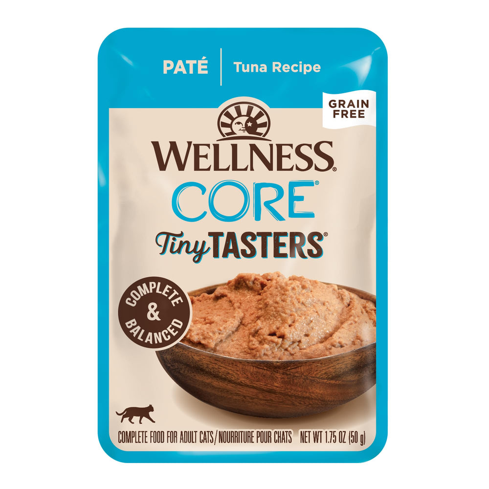 Wellness CORE Tiny Tasters pate para gato adulto con atún en sobre, servicio fácil.