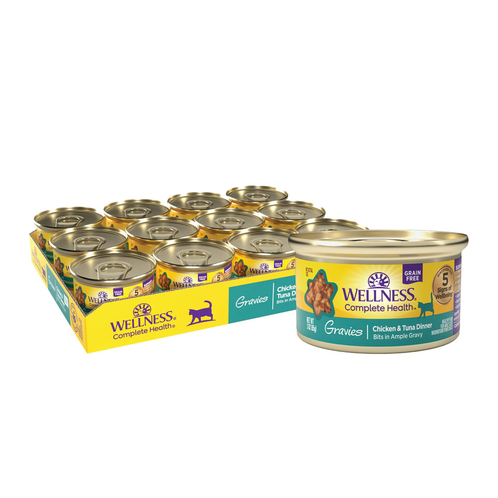 Wellness Gravy para gato, pollo en lata, proteína de alta calidad para gatos activos.