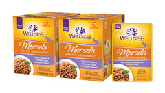 Wellness mordiscos indulgentes para gatos sobre de pollo para nutrición diaria.