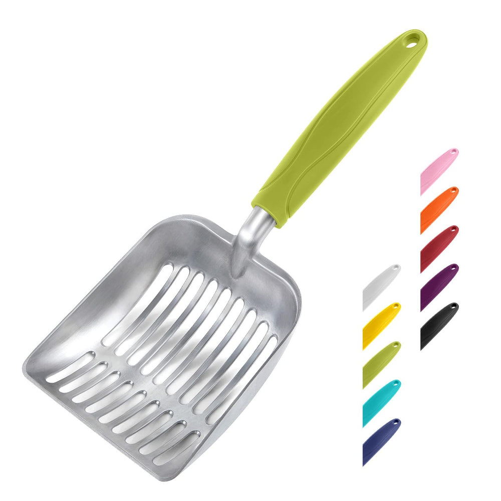 WePet cucharon para arena de gatos en aluminio con mango verde, facilita la limpieza diaria.