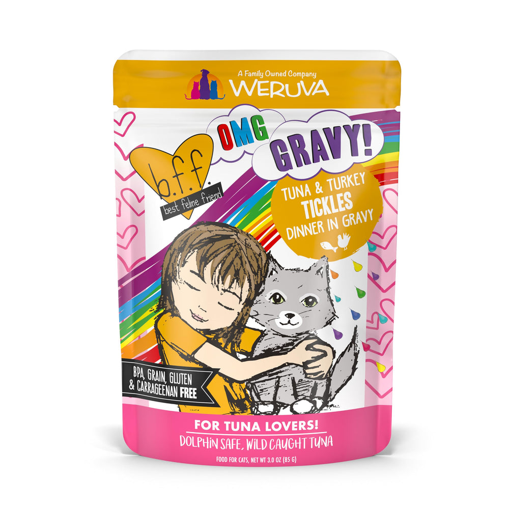 Weruva B.F.F. OMG atún y pavo en salsa; sabor irresistible para gatos exigentes.
