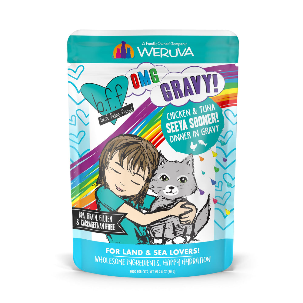 Weruva B.F.F. OMG, bolsa de 2,8 onzas frente, sabor jugoso para gatos.