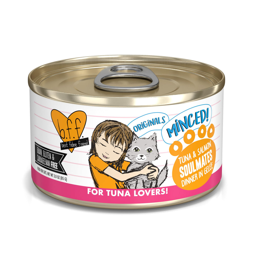 Weruva BFF lata 3oz con atún patudo y salmón en gelatina, ideal para mantener la hidratación.