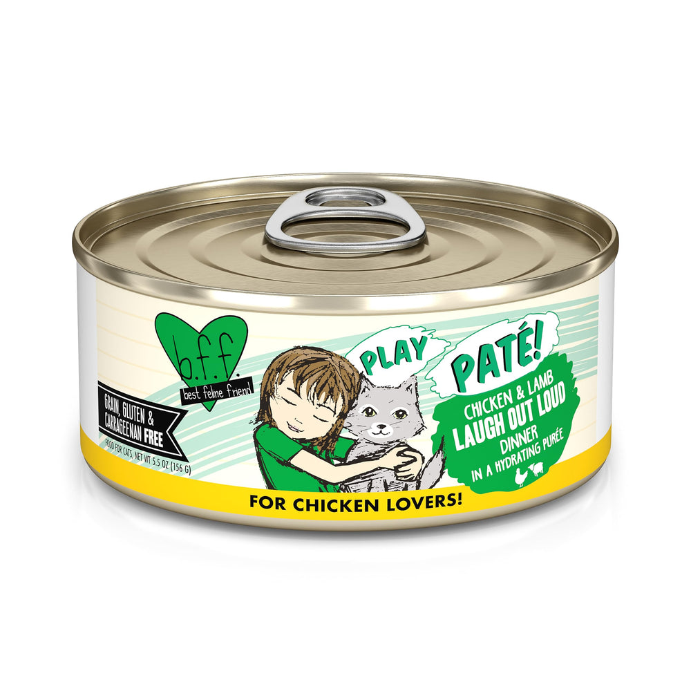 Weruva B.F.F. Play pate pollo-cordero en lata, paté cremoso para gatos y paladar exigente.