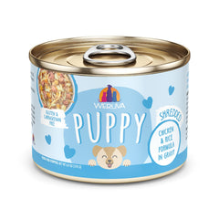 Weruva cachorro pollo-arroz salsa, lata 6oz, ideal para hidratación diaria.