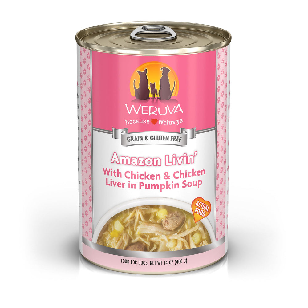 Weruva Classic para perros: pechuga de pollo deshuesada e hígado en calabaza, textura atractiva.