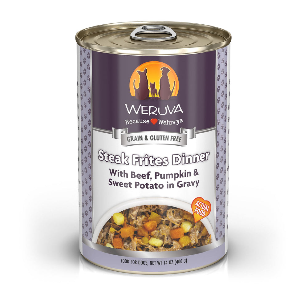 Weruva Classic Dog Food con filete en salsa y patatas, sabrosa para perros exigentes.