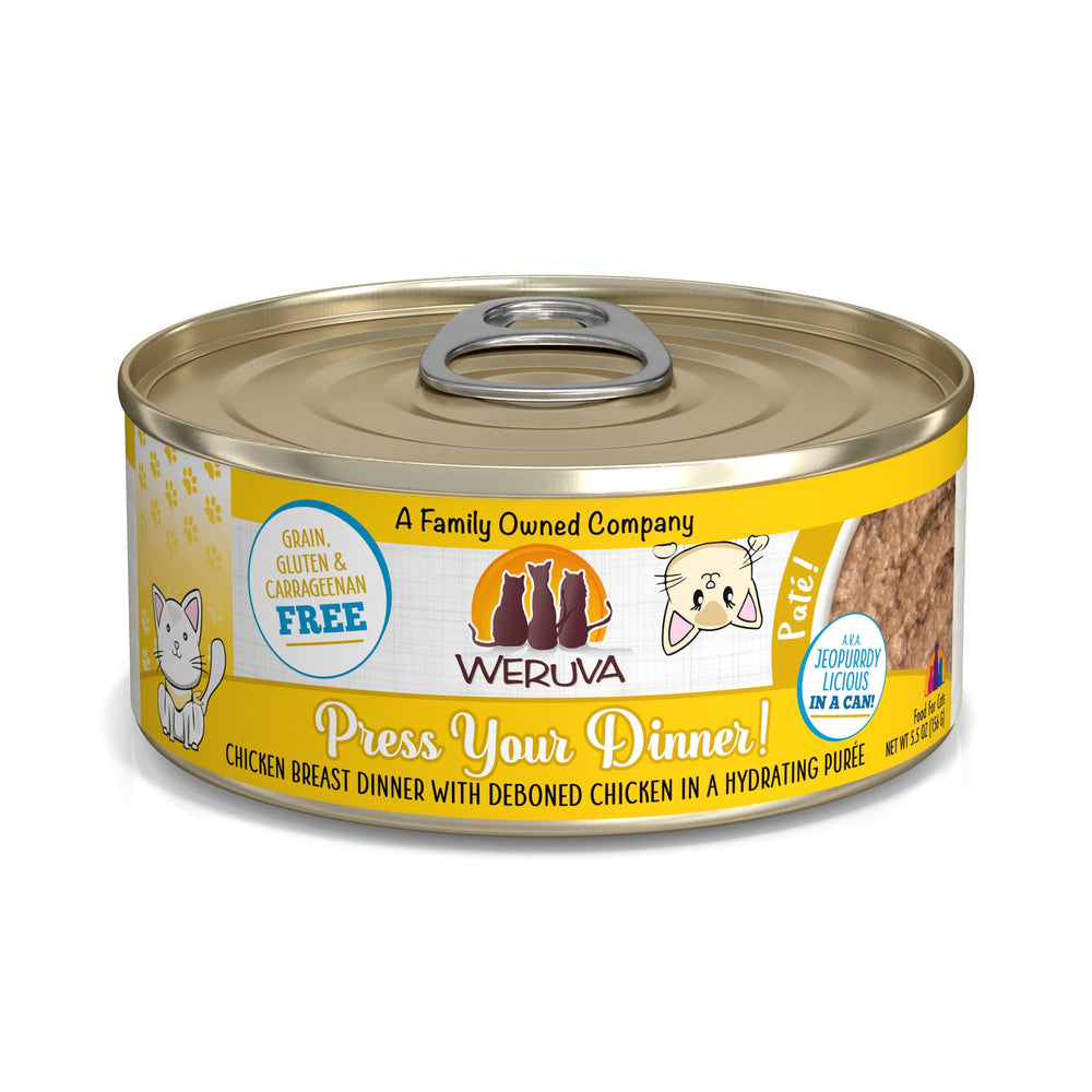 Weruva Classic Cat Paté presiona la cena con pollo, experiencia sabrosa para gatos.