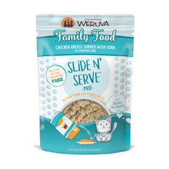 Weruva Family Food paté de pollo y atún en empaque Slide N Serve, conveniente para comidas diarias.