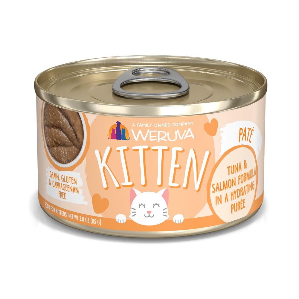 Weruva Kitten atún y salmón en puré, foco en latas, ideal para gatitos