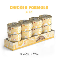 Pollo deshilachado en au jus, textura suave para gatitos curiosos.