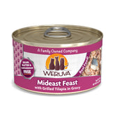 Weruva Mideast Feast tilapia en salsa 3oz, textura apetecible para gatos.