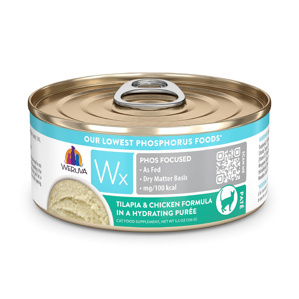 Weruva Wx Phos Focused puré hidratante de tilapia y pollo, ideal para palatabilidad