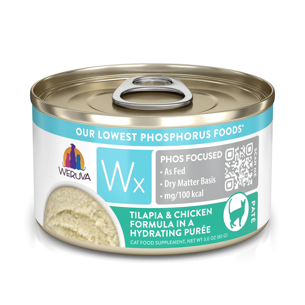 Weruva Wx Phos Focused, lata tilapia y pollo con puré para hidratación diaria.