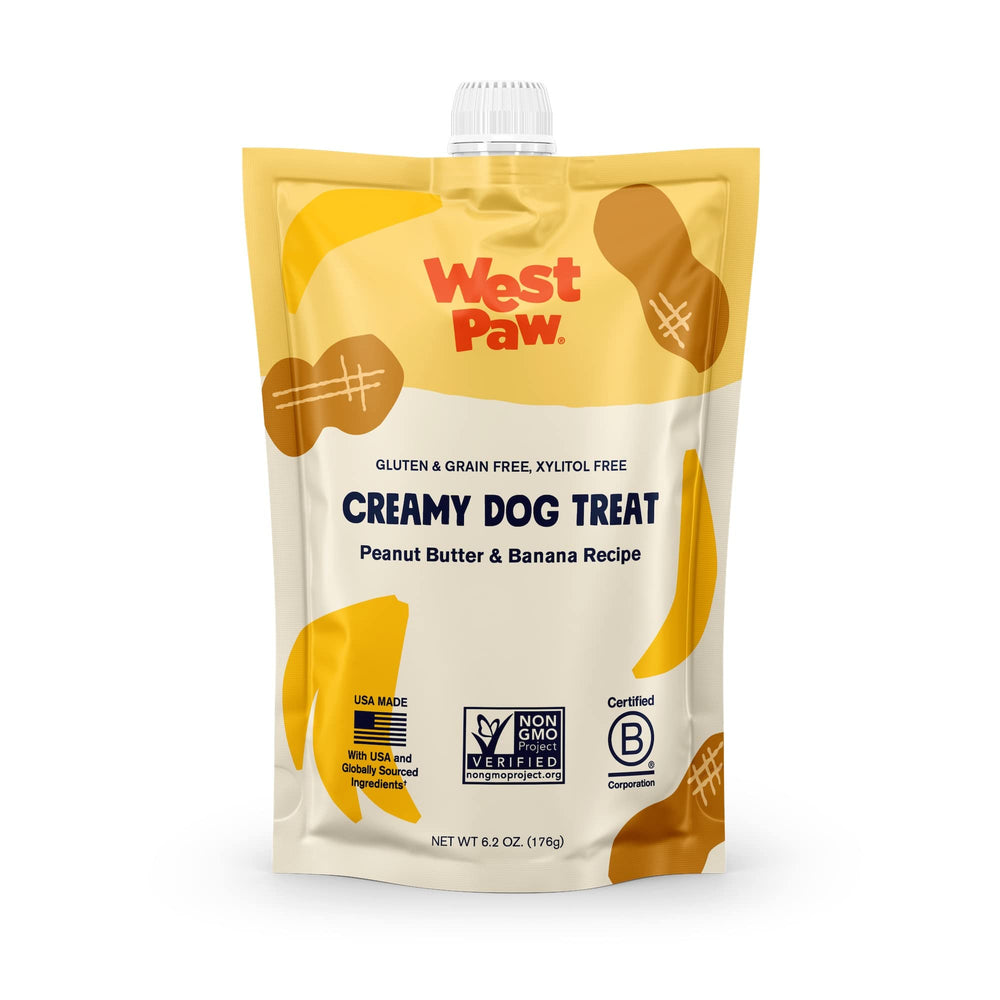 WEST PAW bocadito cremoso de mantequilla de maní y plátano para perros, ideal como premio.