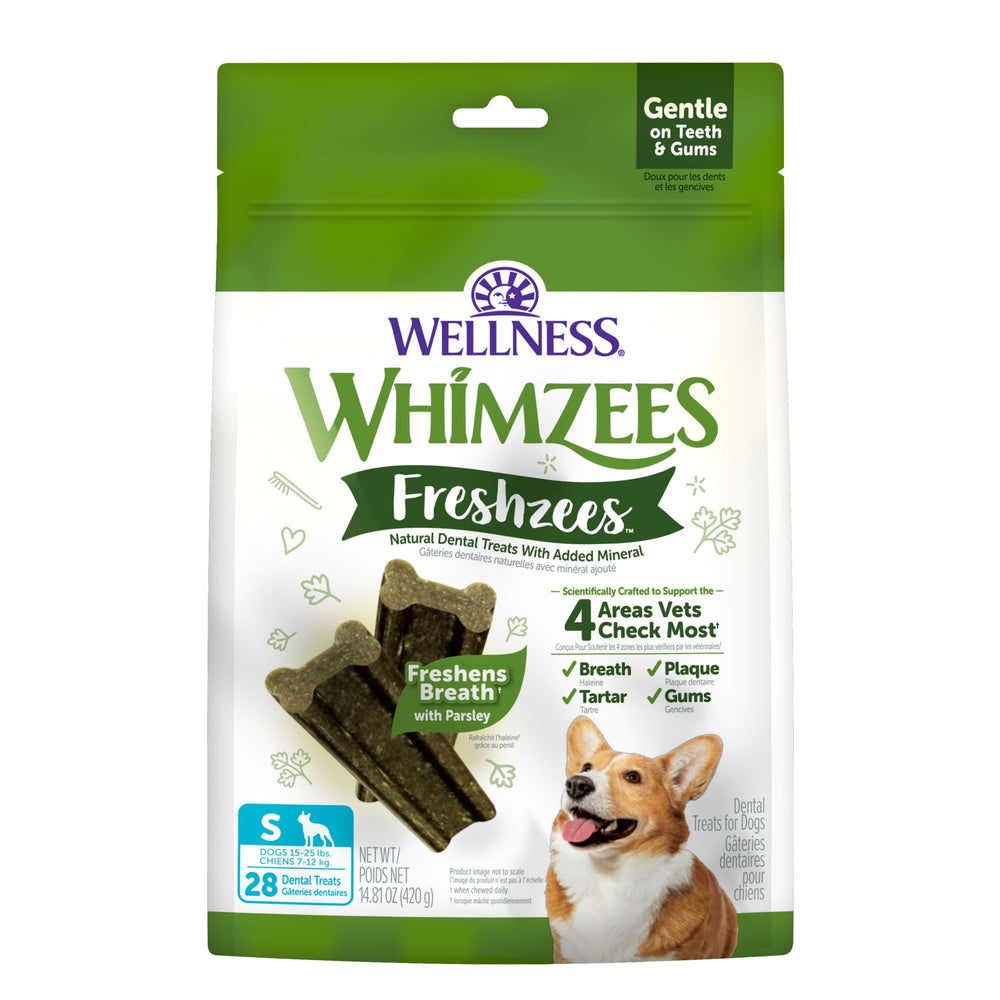 Whimzees Freshzees soft chews in a small bag promote fresh breath daily.