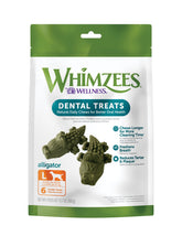 Whimzees Wellness Alligator, empaque frontal grande, promueve higiene dental diaria.