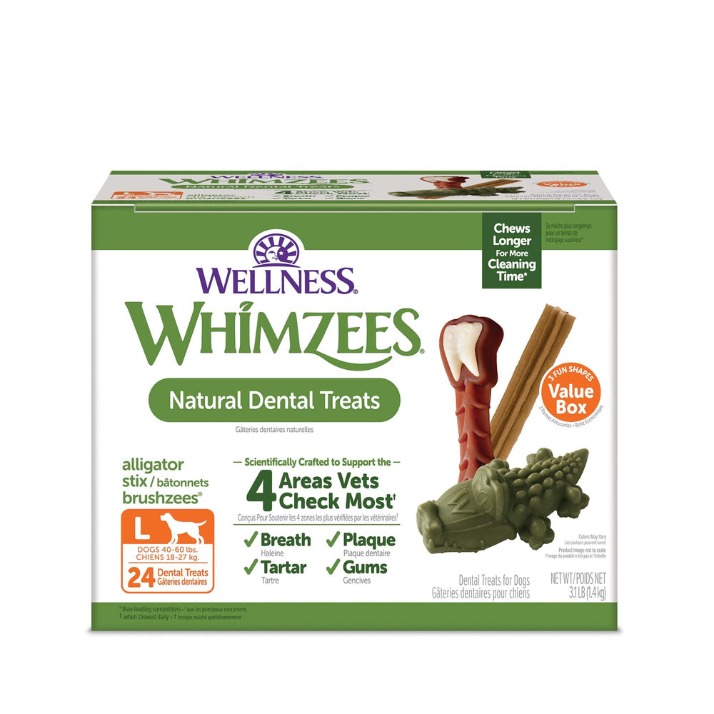 Whimzees Wellness en caja frontal, premio dental para perros para higiene bucal diaria