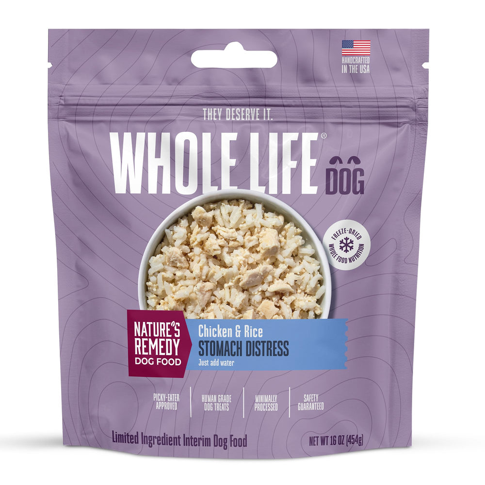 Whole Life Pet muestra dieta blanda para perro con pollo y arroz, útil para estómagos sensibles