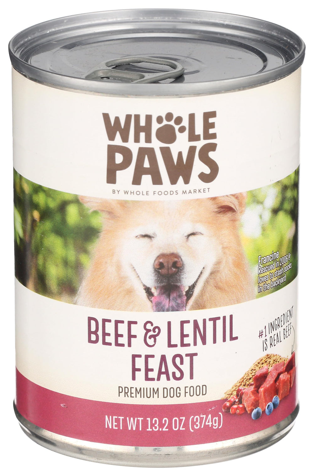 Whole Paws comida húmeda de res y lentejas en plato, sabor natural para perros activos.