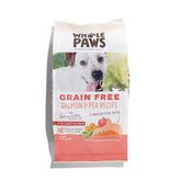 Whole Paws salmón sin granos e ingredientes clave para una dieta equilibrada.