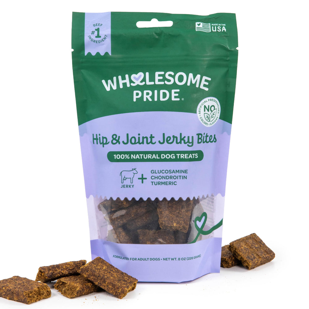 Wholesome Pride bocados para cadera y articulaciones, presentación del snack para perros activos.