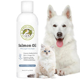 Wholistic Pet Organics aceite de salmón de Alaska, botella en primer plano para pelaje brillante