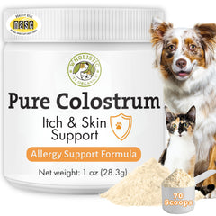Wholistic Pet Organics Colostro para perros, botella visible, apoyo inmunológico suave.