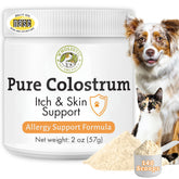 Wholistic Pet Organics Colostrum polvo en lata para perros y gatos, uso diario recomendado.