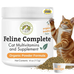 Wholistic Pet Organics Feline Complete Organic Pumpkin, botella-vertido, apoyo digestivo suave para gatos.