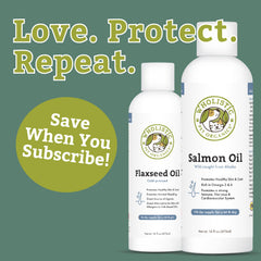 Wholistic Pet Organics Wild Salmon Oil etiqueta en detalle, destacando Omega-3 y DHA para perros y gatos.