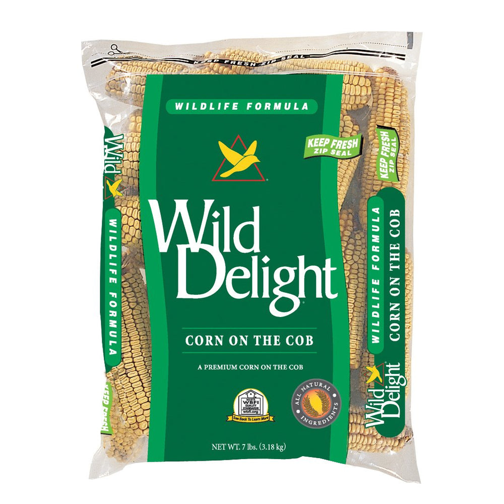 Wild Delight maíz en mazorca para alimentación de aves silvestres, sabor dorado y práctico para el jardín.