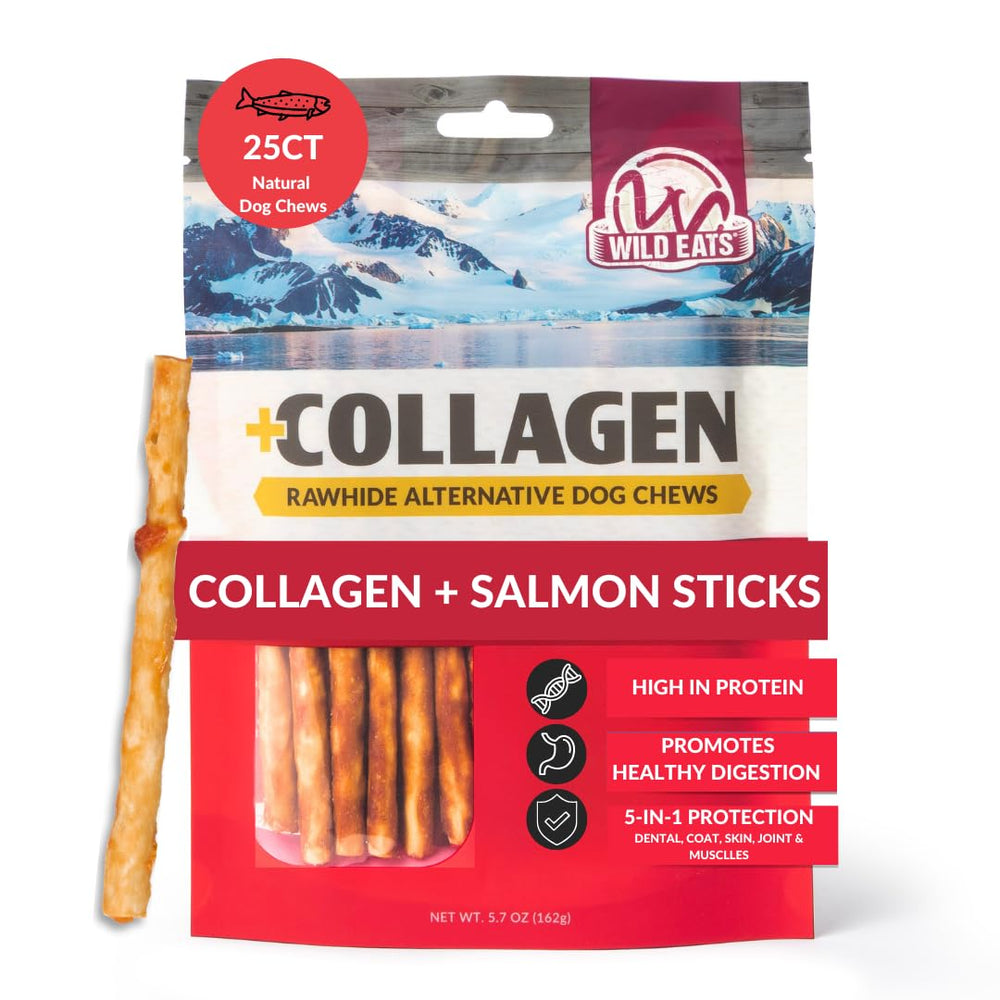 Wild Eats Collagen Salmon Sticks para perros, vista frontal, snack duradero.