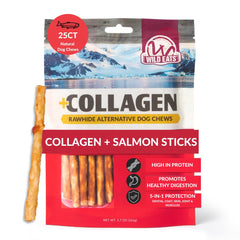 Wild Eats Collagen Salmon Sticks para perros, vista frontal, snack duradero.