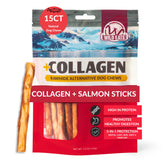 Wild Eats palitos de salmón con colágeno, empaque visible para perros que buscan snack duradero.
