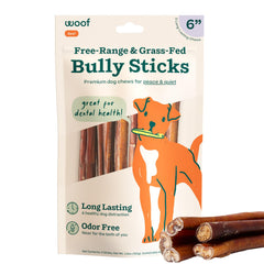 WOOF Bully para perro, palitos de 6 pulgadas, 5 unidades, entretenimiento duradero al masticar.