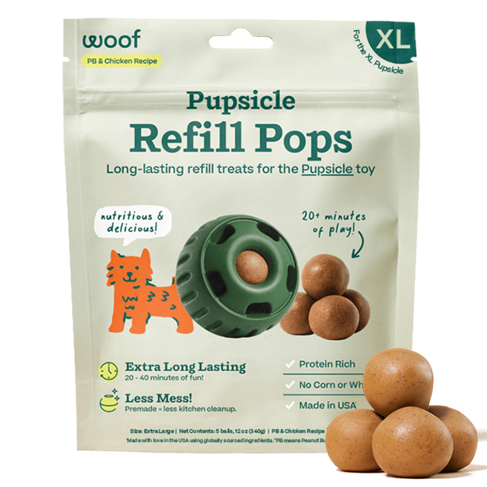 WOOF Pupsicle relleno paletas para perro, distracción duradera en paseos y juegos.