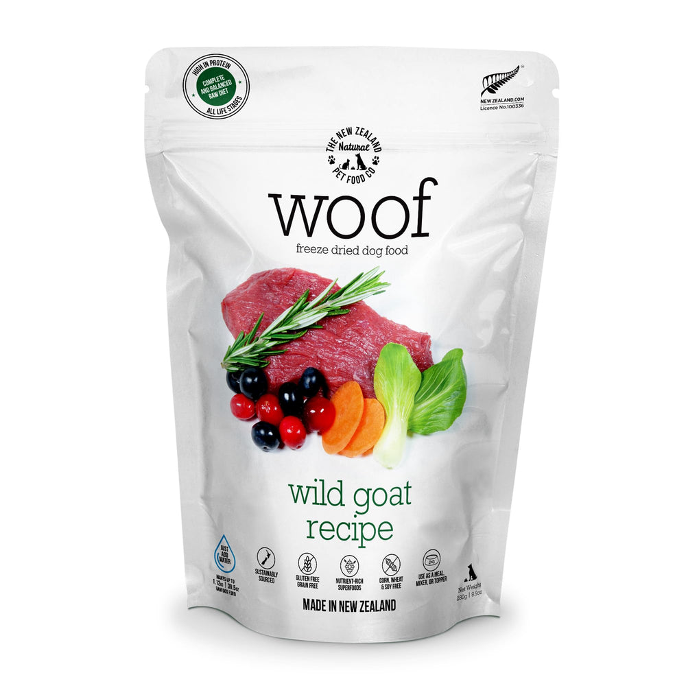 WOOF Wild Goat, bolsa de comida deshidratada para perros, alta proteína.