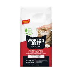 World's Best Cat Litter clumping rápido para limpieza fácil en hogares con varios gatos.