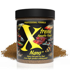 Xtreme Nano Pellets envase frontal, alimento de alto contenido proteico para peces pequeños en acuarios comunitarios.