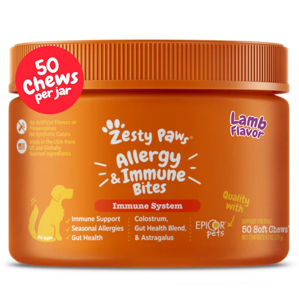 Zesty Paws Alivio de alergias en gomitas para perros para soporte digestivo y bienestar general.