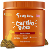 Zesty Paws Cardio Bites, vertido de botella, facilidad de dosis diaria.