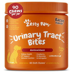 Zesty Paws Cranberry para perros: botella visible, apoyo urinario diario.